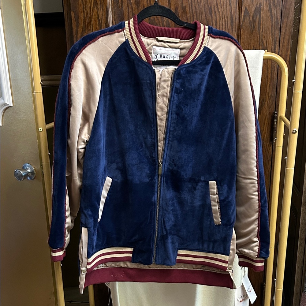 BNCI Velvet Bomber Jacket in Navy and Beige